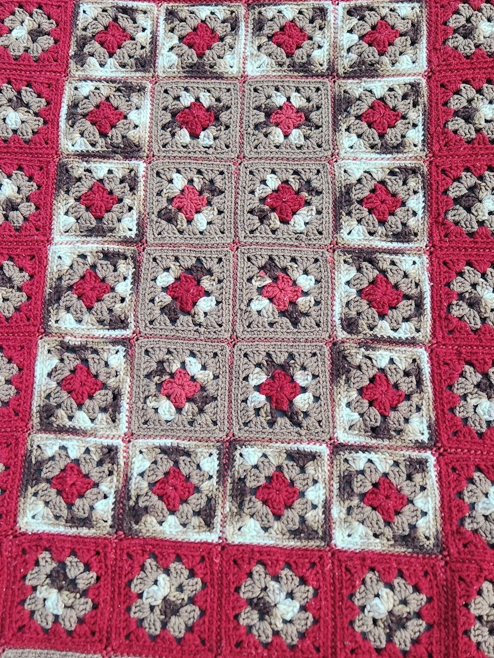 Handmade Red and Tan Crochet Granny Square Throw Blanket - Home Bedding - Picture 2 of 7